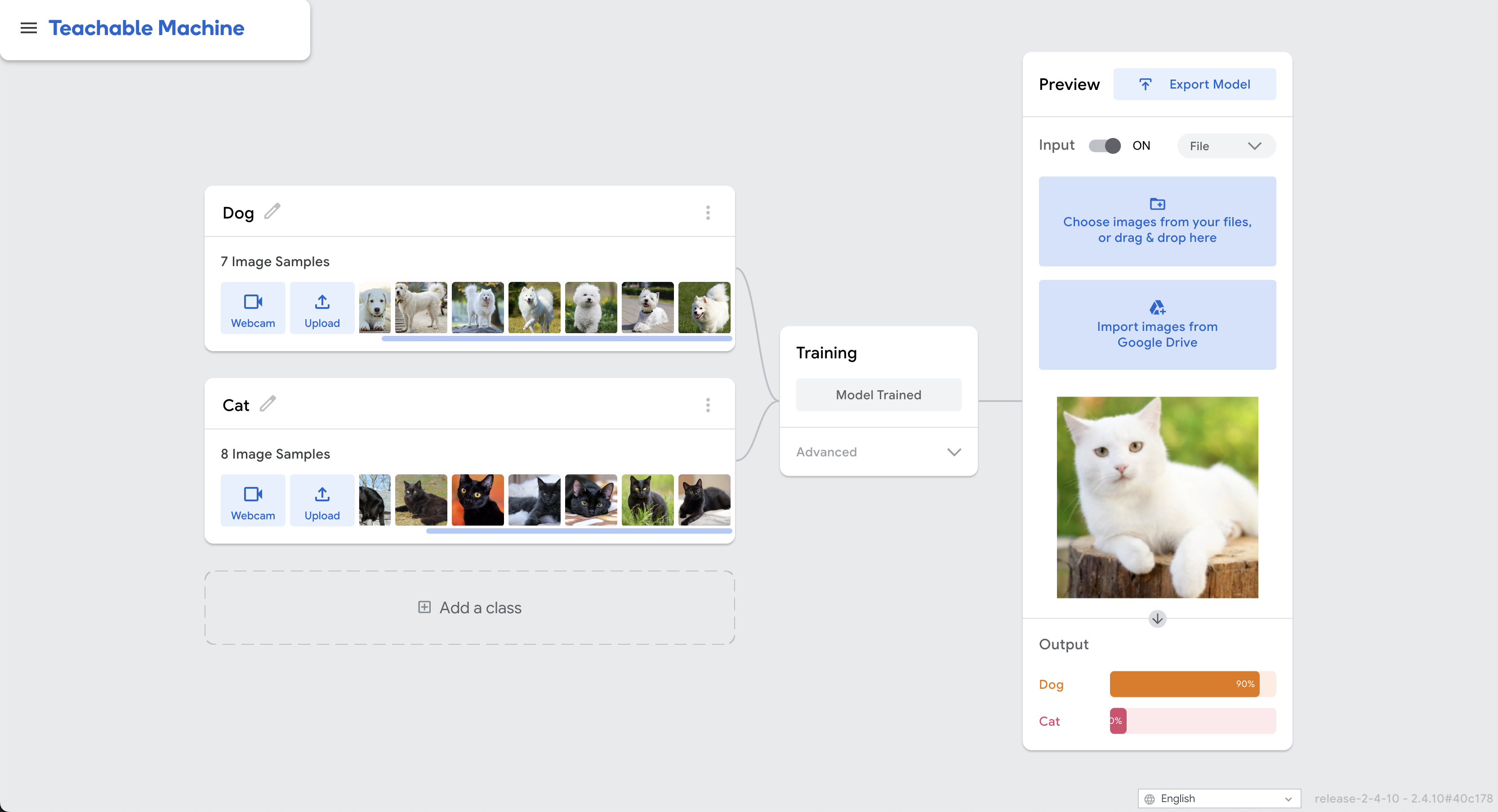 Screenshot of Teachable machine showing erroneous model classification because of biased data
