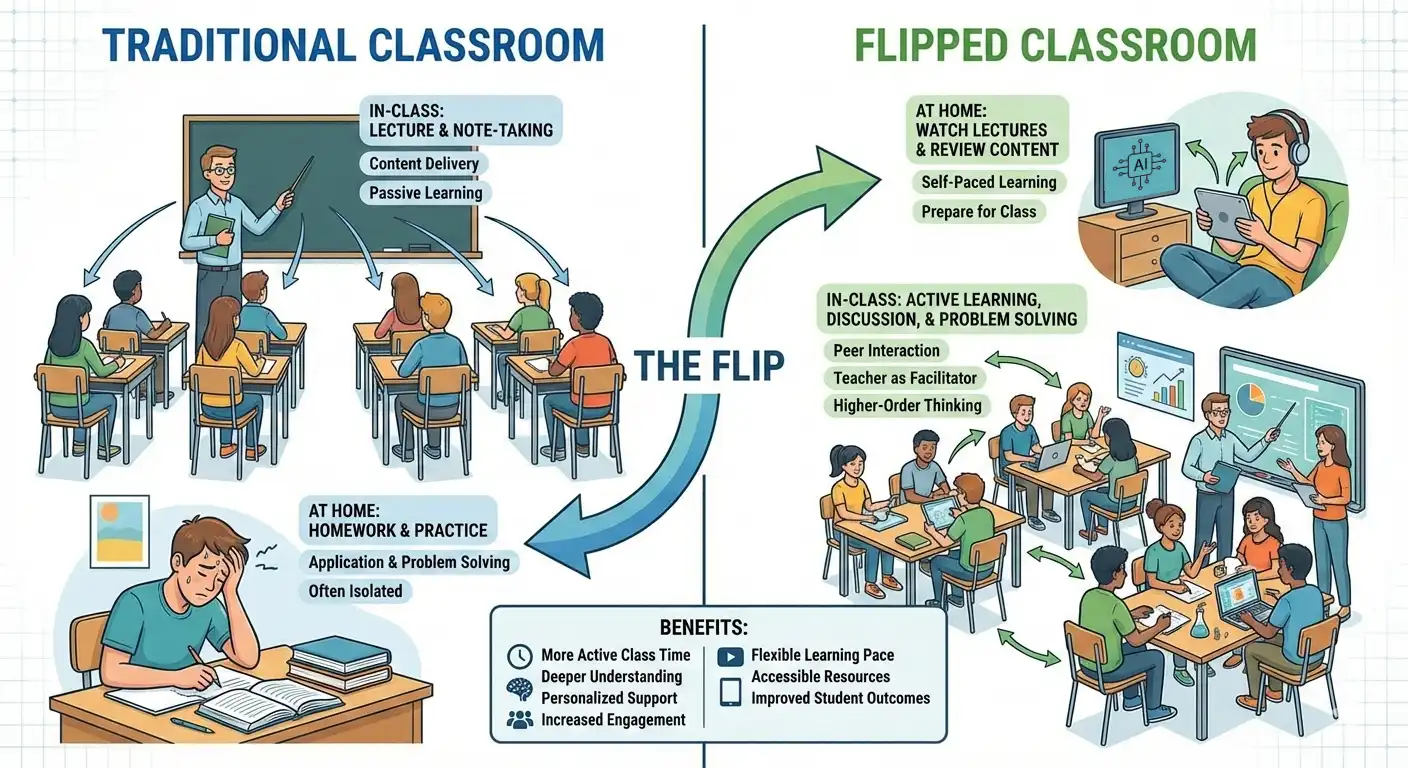 An image showing the difference between a conventional classroom and a flipped classroom.