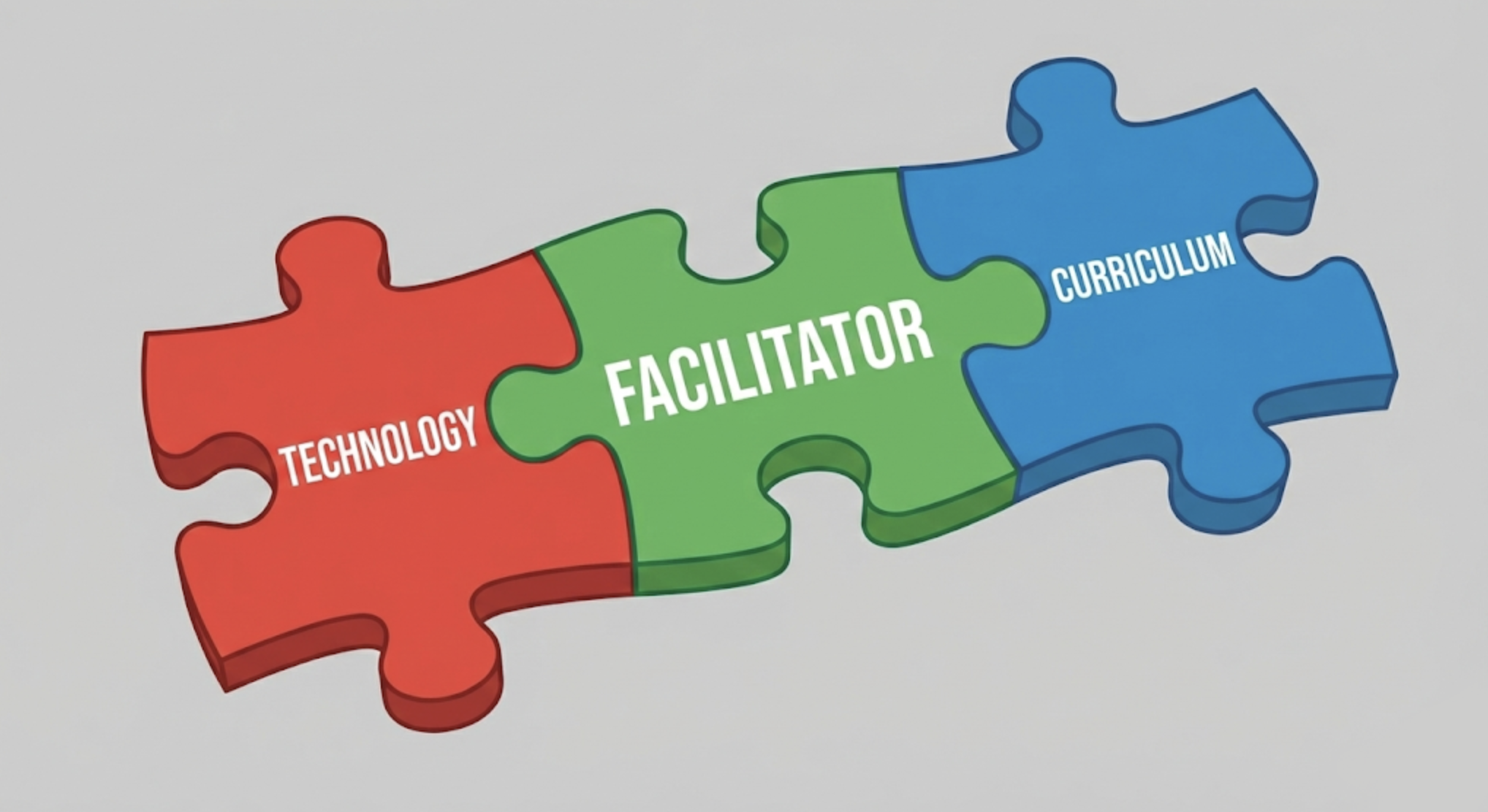 Three interlocking jigsaw pieces representing curriculum, technology, and facilitator as the core pillars of an effective AI education program in schools